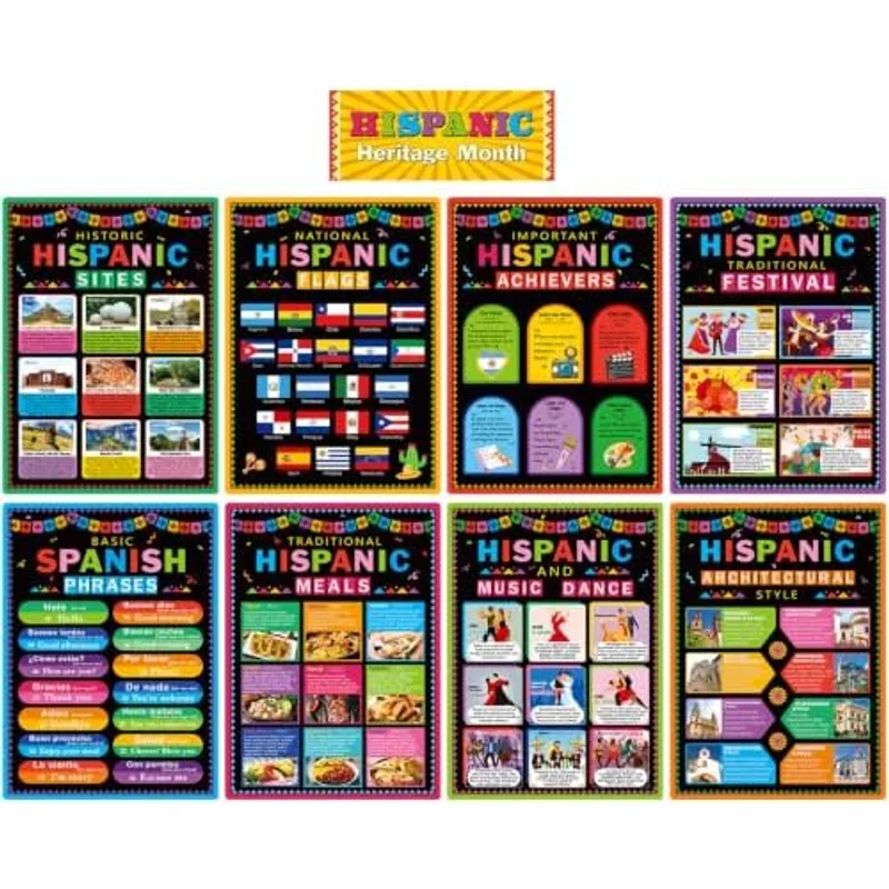 Outus 9 Pcs Hispanic Heritage Month Posters Spanish Classroom Wall Decor, colorful