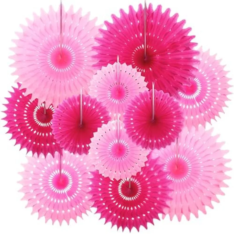 Outus 12 Pcs Hot Pink Paper Fans, Tissue Party Decorations