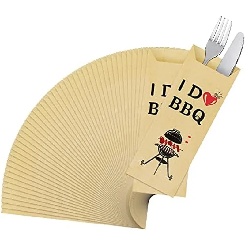 Outus 100 Pcs I Do BBQ Utensil Bags Kraft Utensil Holders BBQ Party Decor, Cute