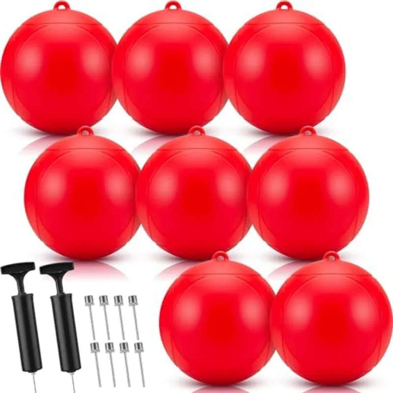 Outus 8 Pcs Inflatable Boat Fenders Buoys Ball PVC 11.4 Inch Round Anchor Buoy Mooring Fenders Balls Marker with 2 Pump 8 Needle Valves Dock Bumpers for Yacht Sailboat Marine Mooring Anchor, red
