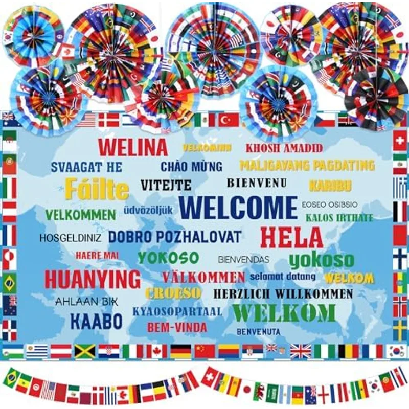 Outus 11 Pcs International Flags Party Decorations Around the World Banner Backdrop International Hanging Paper Fans String Flags Country Multicultural Decor for Sports Events Bar Party Supplies, Multicolor