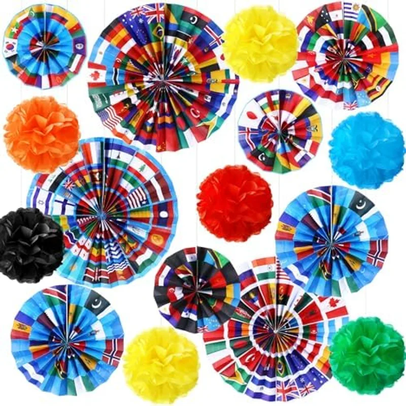 Outus 21 Pcs International World Flags Classroom Decorations Around The World Hanging Paper Fans Sport Party Tissue Paper Pom Poms for Garland Ceilings School Office Party Supplies (Flag Style), Country Flag