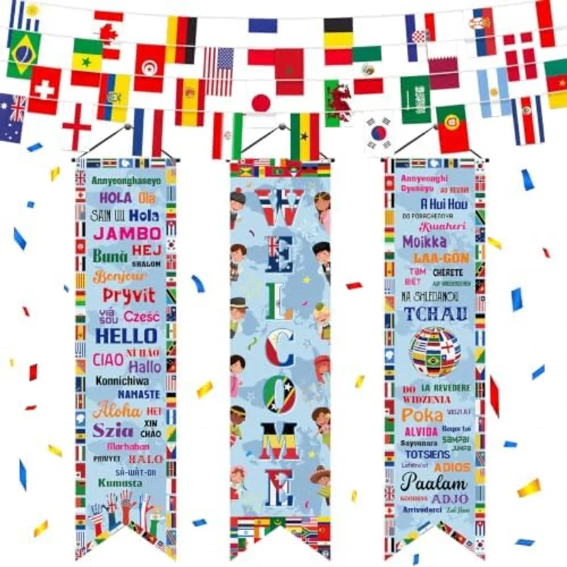 Outus 4 Pcs International World Flags Decor International Welcome Banner, Classic