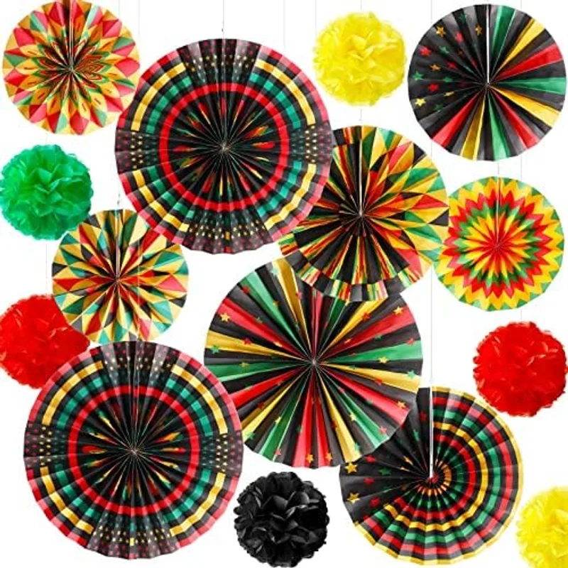 Outus 42 Pcs Juneteenth Decorations Hanging Paper Fans Juneteenth Tissue Paper Poms Red Green Yellow Classroom Garland Ceiling Decor for Kente African American Party Supplies, Classic Color