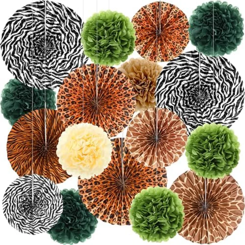 Outus 21 Pcs Jungle Safari Party Decor Animal Print Paper Fans Paper Flower, Multicolor