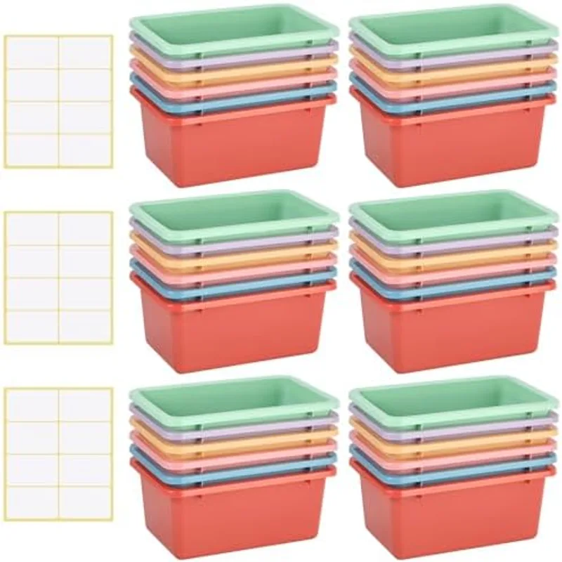 Outus 36 Pcs Macaron Color Plastic Cubby Bins Bulk with Adhesive Labels Stackable Classroom Book Bin Toy Storage Tub Organizer Container Box for Library Preschool Office Home, 11.6 x 7.7 x 4.9 Inch, Multicolor