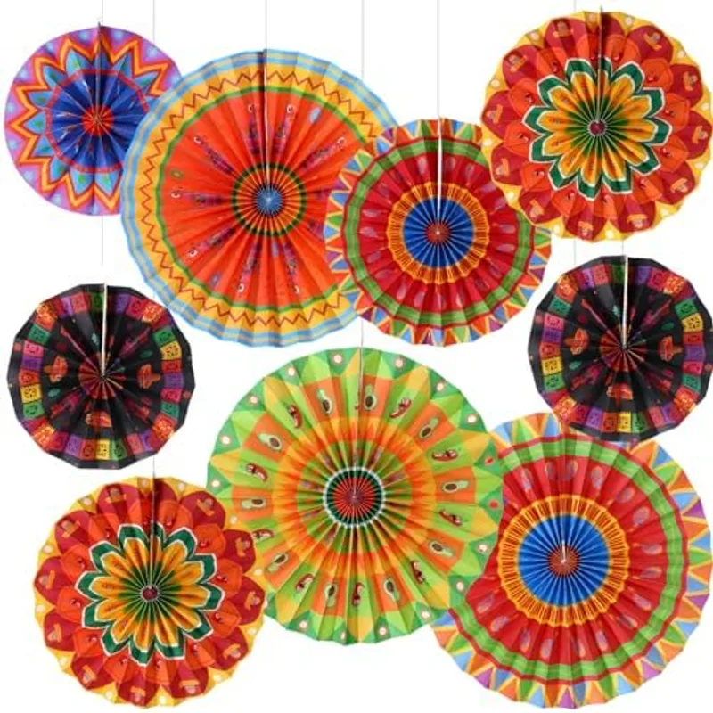 Outus Mexican Fiesta Hanging Paper Fans Decorations, Multi-colored