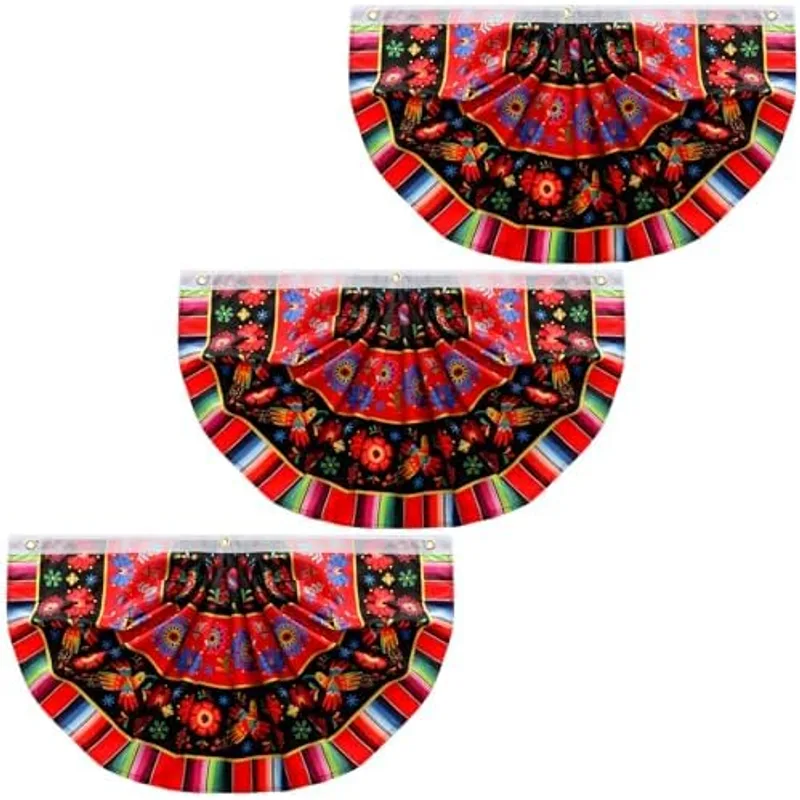 Outus 3 Pcs Mexican Fiesta Party Decoration 1.5 x 3 ft Mexican Pleated Bunting Fan Flag Cinco De Mayo Folk Art Half Fan Flag Hanging Banners for Carnivals Taco Birthday Party Favors