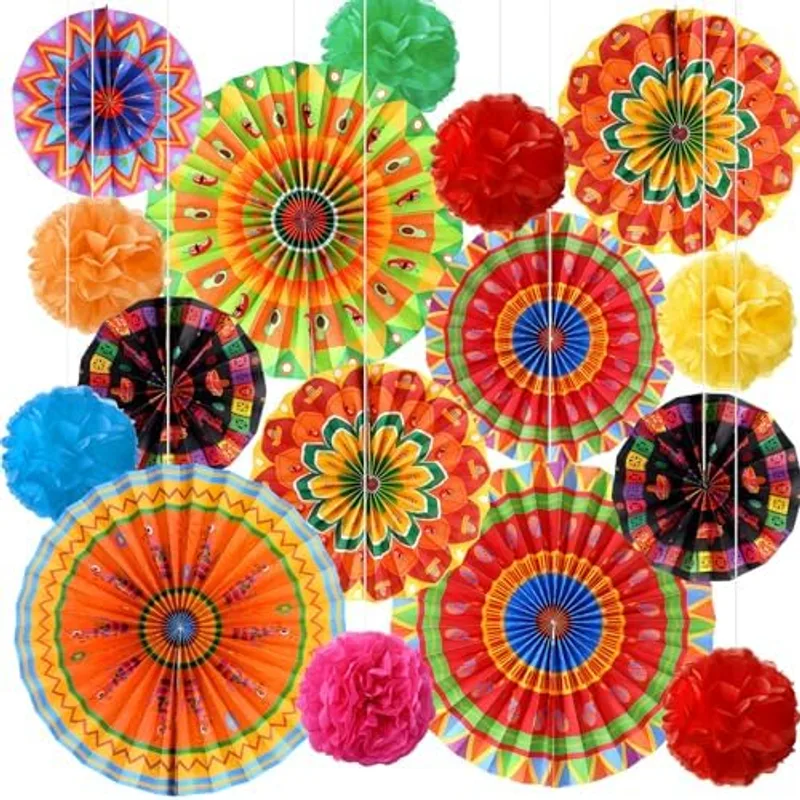 Outus 21 Pcs Mexican Fiesta Party Decorations Cinco De Mayo Decor Halloween Hanging Paper Fans Day of The Dead Banners Taco Tissue Poms Honeycomb Ball for Carnival Classroom Ceiling Supplies(Vintage)