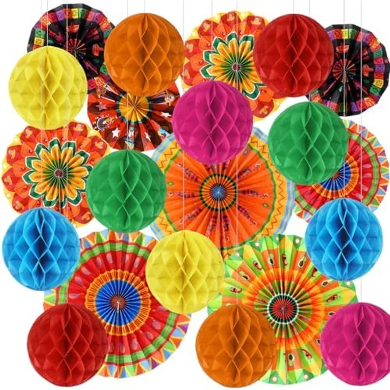 Outus 21 Pcs Mexican Party Decorations Set Cinco De Mayo Decor Fiesta Hanging Paper Fans Mexican Banners Tissue Pom Poms for Taco Carnival Event Birthday Wedding Photo Supplies (Classic)