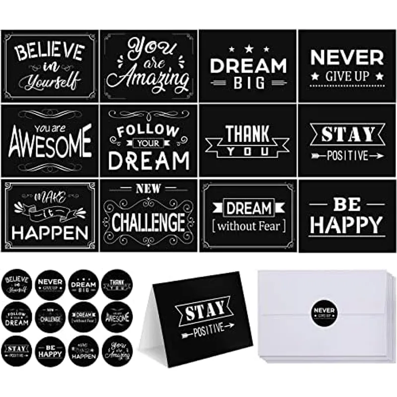 Outus 24 Set Motivational Card with Envelope Encouragement Sticker, Black