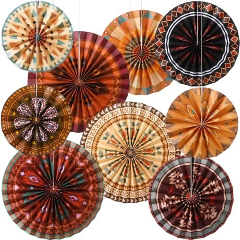 Outus 9 pcs Native American Heritage Month Decoration Southwestern Hanging Fans Indigenous Paper Fans Native American Heritage Month Hanging Decor Bulletin Board Classroom Decor for Ceiling Wall Home