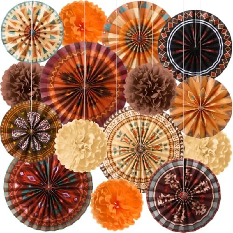 Outus 21 Pcs Native American Heritage Month Decorations Hanging Paper Fans, Vintage Colo