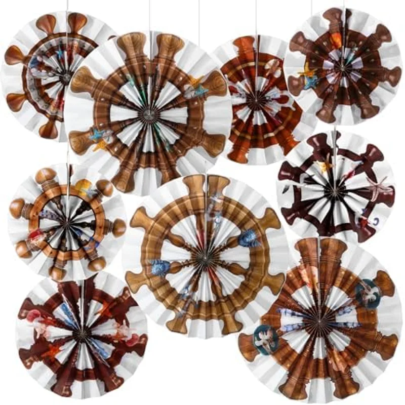 Outus 9 Pcs Nautical Party Decorations Ship Wheel Paper Fans Hanging Decor Coastal Ship Wheels Wall Ceiling Decoration for Sailor Theme Baby Shower Ocean Pirate Beach Cruise Birthday Party Supplies