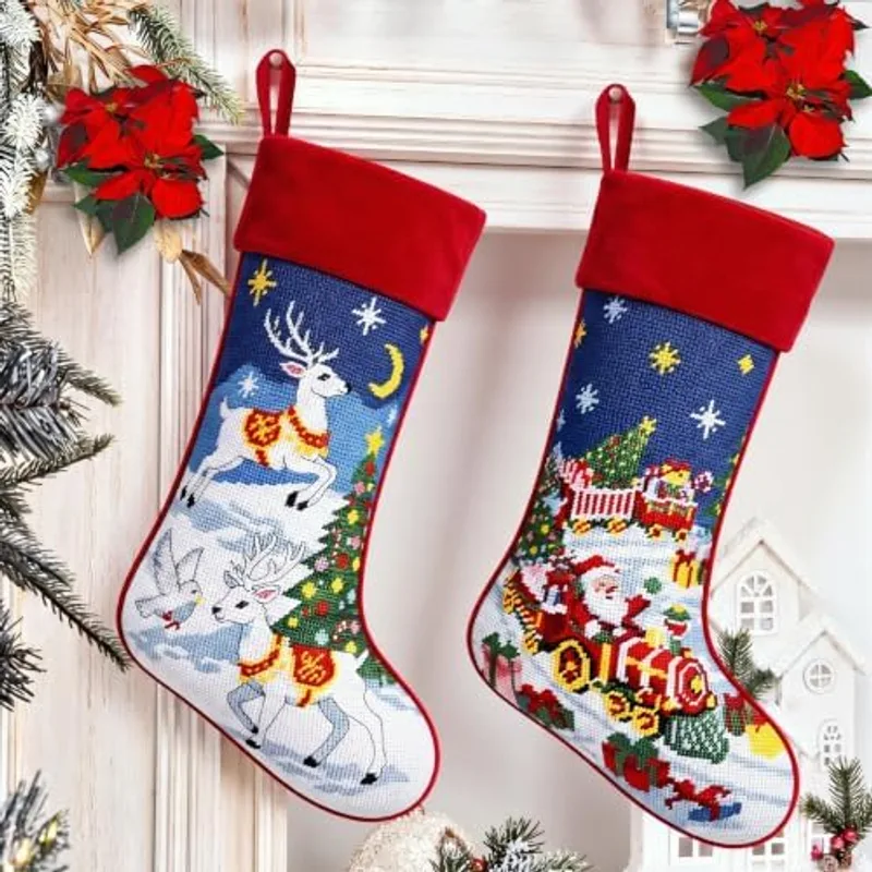 Outus 2 Pcs Needlepoint Christmas Stockings Vintage Santa Deer Velvet Decor, Multicolor