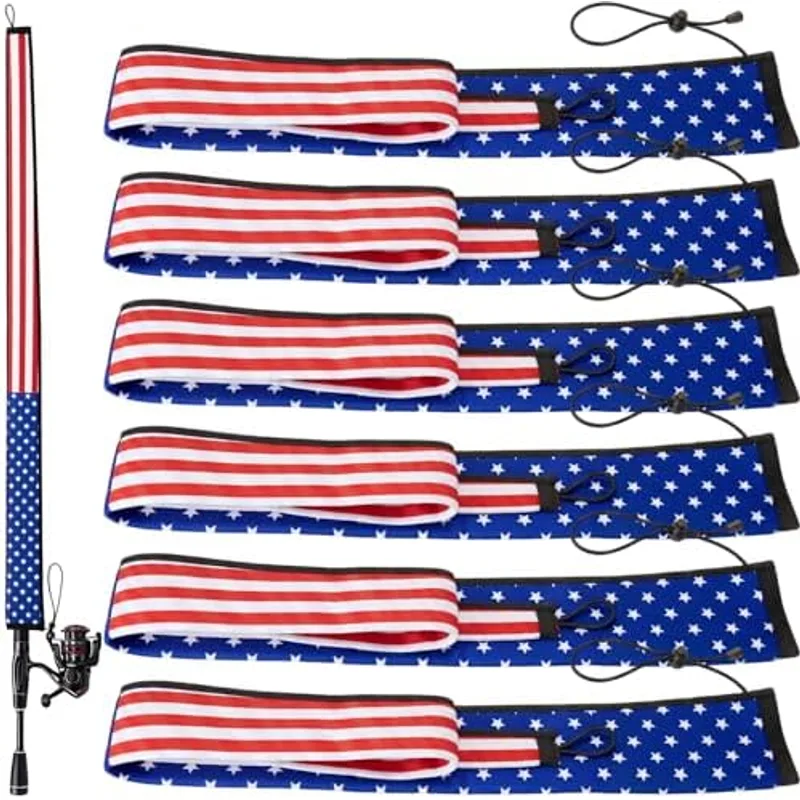 Outus 6 Pack Neoprene Fishing Rod Sleeves, 65 Inch Tangle-Free Covers, Protective Sock for Spinning Casting Rods, Travel Storage, Red and Blue Stripes