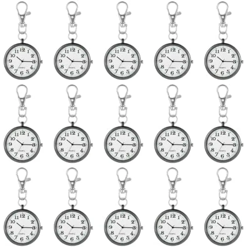 Outus 15 Pcs Nurse Pocket Watch Quartz Round Pin Clip Buckle, Black White