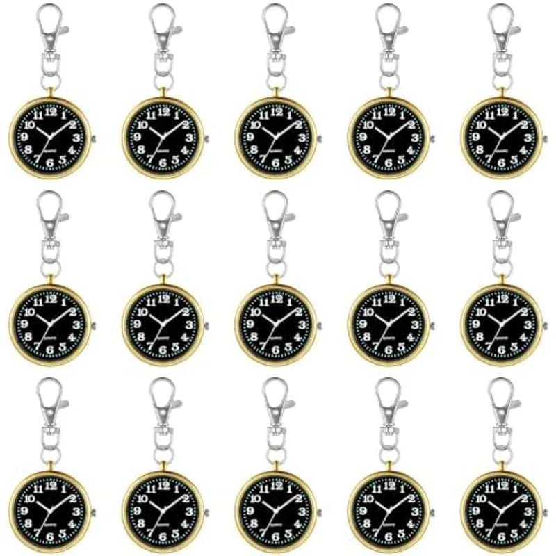 Outus 15 Pcs Nurse Pocket Watch Quartz Round Pin Clip Buckle, Gold Black