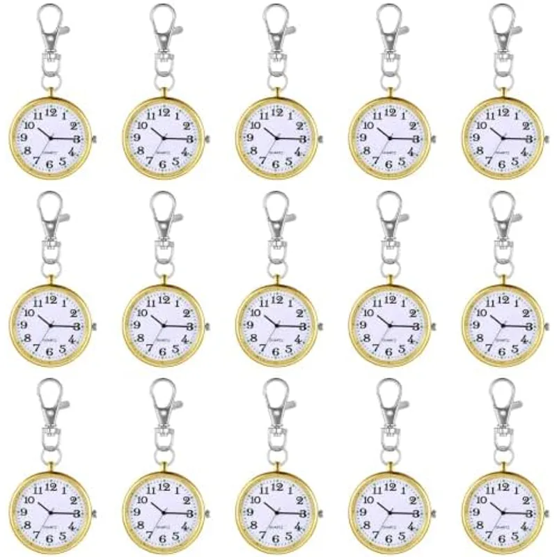 Outus 15 Pcs Nurse Pocket Watch Quartz Round Pin Clip Buckle, Gold White