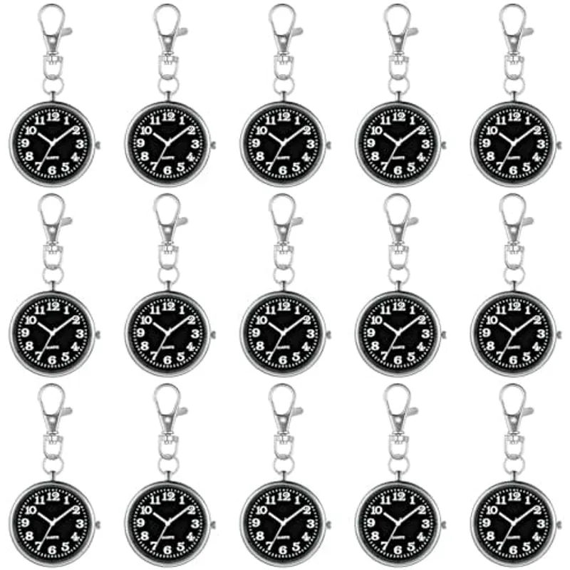 Outus 15 Pcs Nurse Pocket Watch Quartz Round Pin Clip Buckle, Silver Black