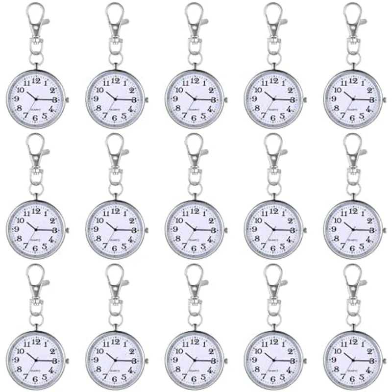 Outus 15 Pcs Nurse Pocket Watch Quartz Round Pin Clip Buckle, Silver White