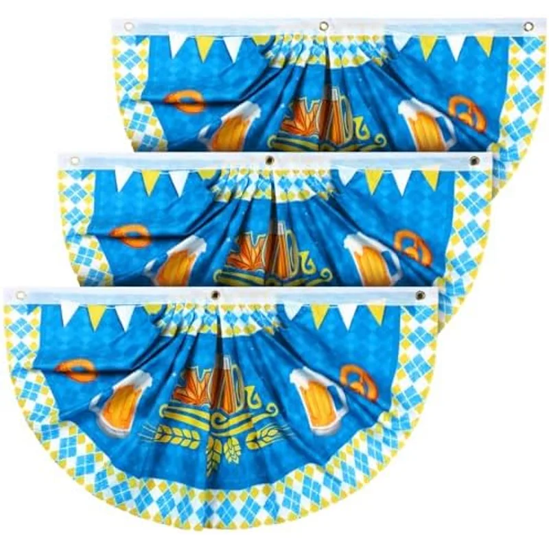 Outus Oktoberfest Decoration 1.5 x 3 ft Oktoberfest Bunting Beer Festival Pleated Fan Flag Bavarian Check Half Fan Flag Hanging Banners for Beer Party Supplies Fence Porch Yard Decoration
