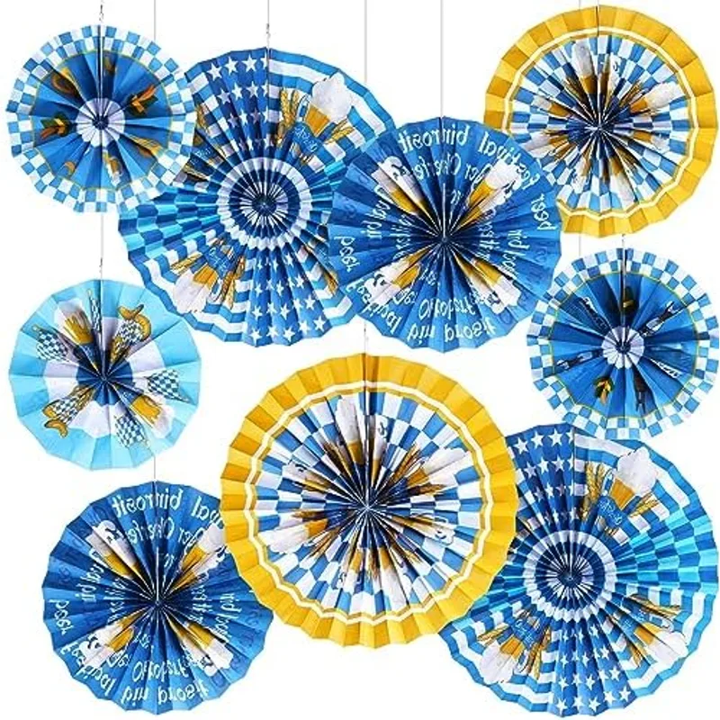 Outus Oktoberfest Decorations Oktoberfest Party Hanging Paper Fans, Blue