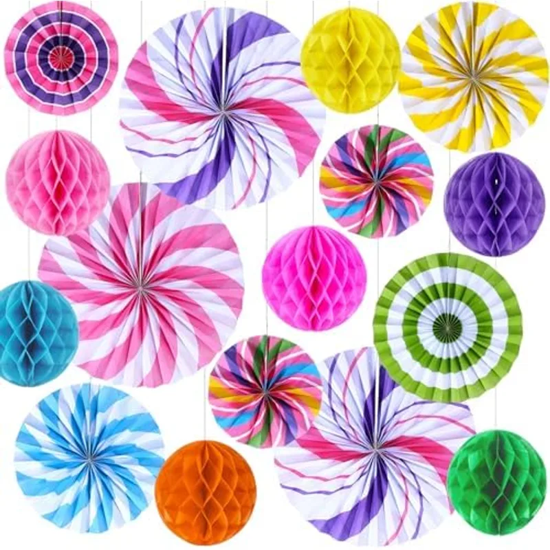 Outus 21 Pcs Party Decorations Hanging Paper Fans Candy Classroom Decorations Lollipop Tissue Pom Poms for Garland Ceilings Candyland Theme Birthday Party Supplies (Honeycomb Balls)