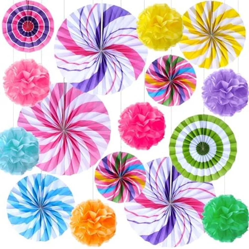 Outus Party Decorations Hanging Paper Fans Candy Classroom Decorations Lollipop Tissue Pom Poms for Garland Ceilings Candyland Theme Birthday Party Supplies (Pom Poms)