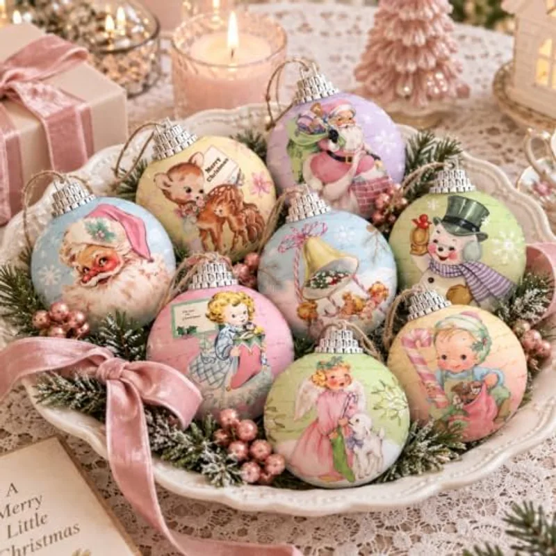 Outus 16pcs Pastel Vintage Christmas Balls Ornaments, Retro Christmas Decor, Retro Snowman