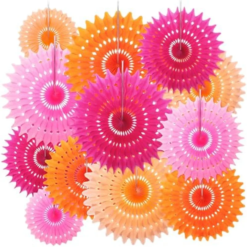 Outus 12 Pcs Pink and Orange Paper Fans, Tissue Party Decorations
