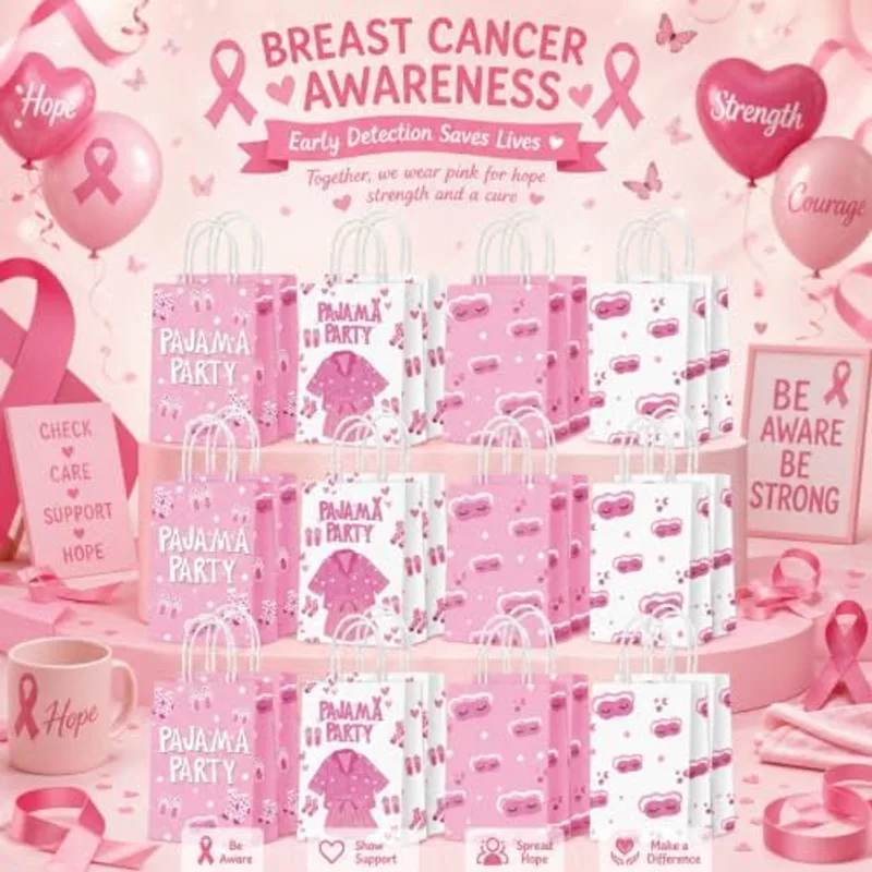 Outus 24 Pcs Pink Pajama Party Paper Bags, Favor Goodie Bags with Handle