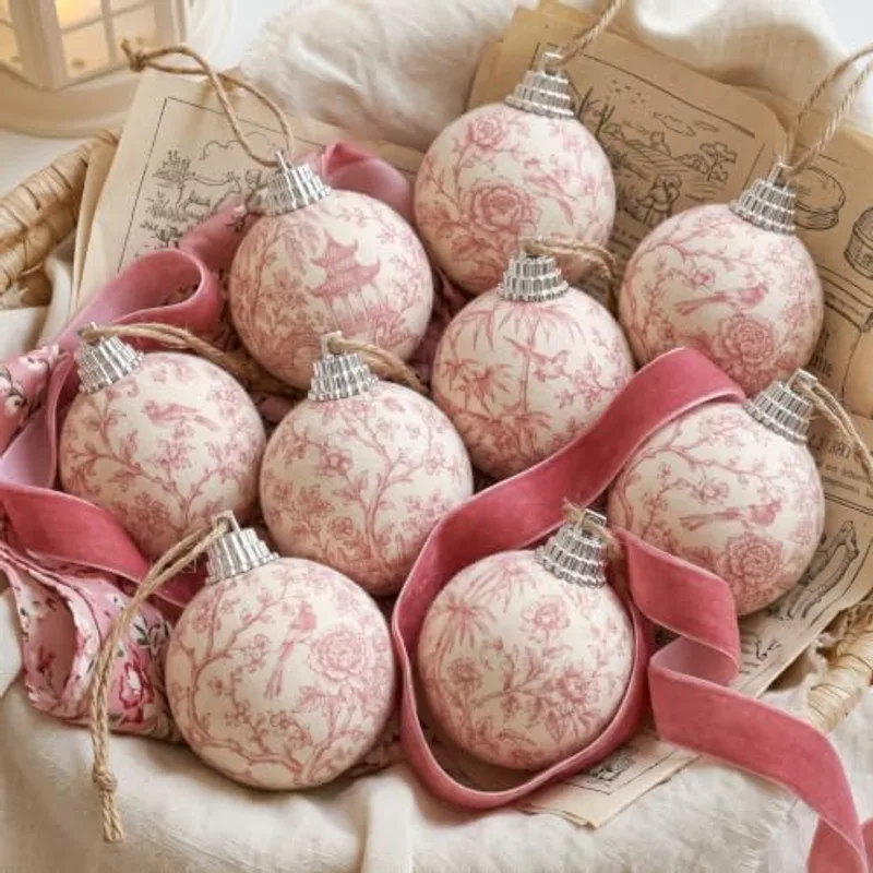 Outus 16Pcs Pink Toile De Jouy Chinoiserie Christmas Ball Tree Ornaments, Light Pink Christmas