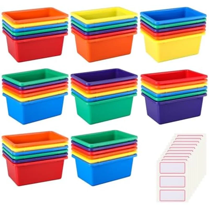 Outus 48 Pcs Plastic Cubby Bins Bulk for Classroom Organization Small Stackable Book Bins Toy Storage Box Container Tubs Organizer with 120 Self Adhesive Label for Library School Office Home, 6 Colors