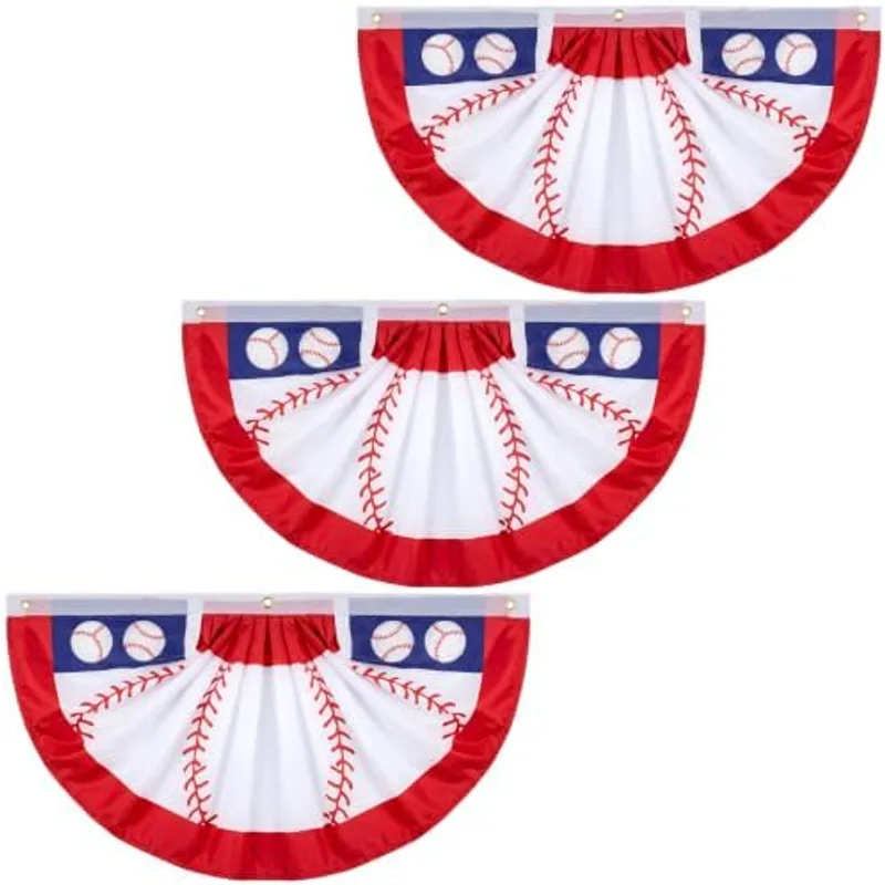 Outus 3 Pcs Pleated Bunting Fan Flag 1.5 x 3 ft Christmas Decoration Half Fan Flag Hanging Banners for Party Supplies Yard Decoration(3 Pack,Baseball)