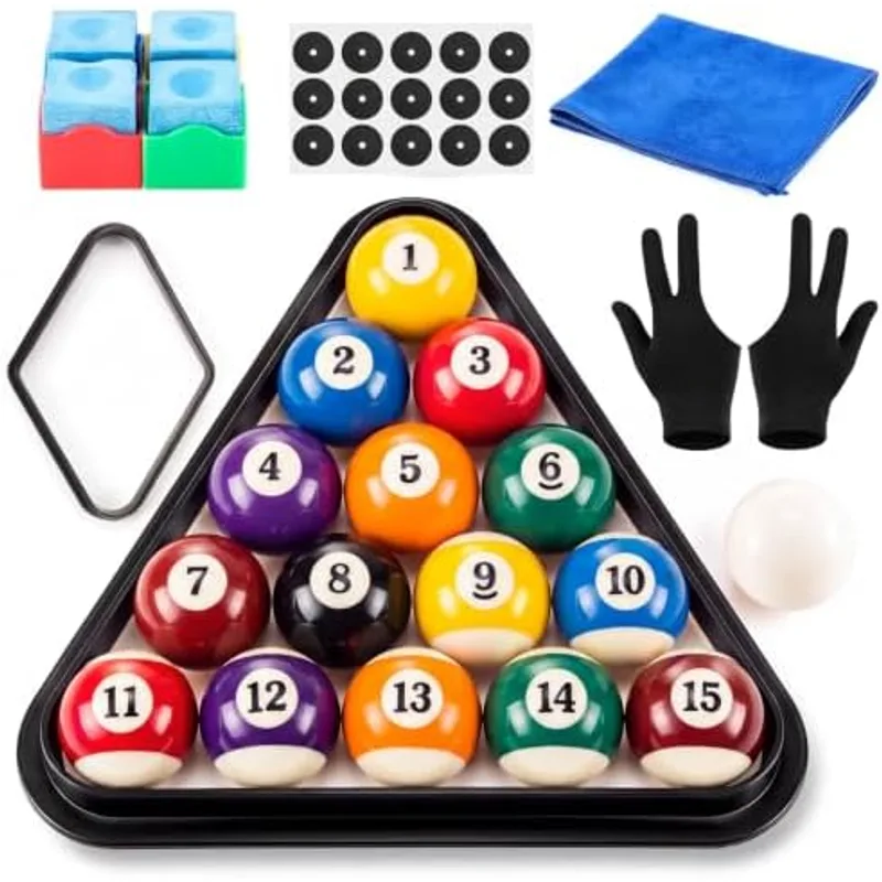 Outus Pool Table Ball Set with Accessories, 16 Billiard Balls 2-1/4" Regulation Set with Triangle & Diamond Rack, Chalk, Gloves & Towel, Spot Stickers, Starter Kit for Game Room & Bar(Standard Style)