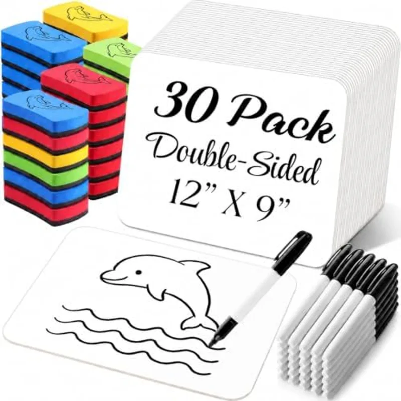 Outus 30 Set Portable White Board & Erasers Markers, 12"x9" Dry Erase Board