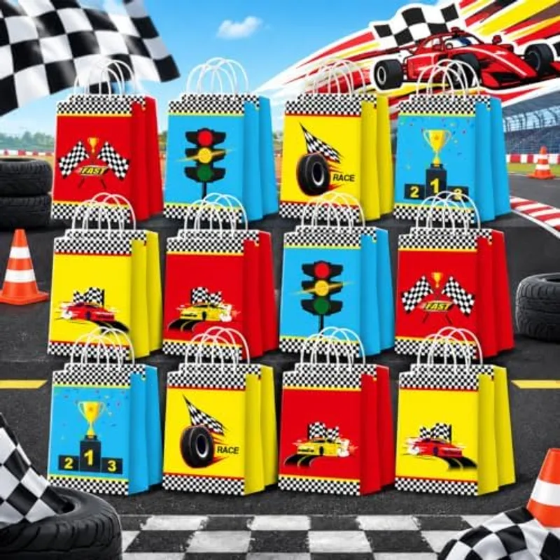 Outus 24 Pcs Race Car Party Favor Bags Car Goodie Paper Bags with Handles
