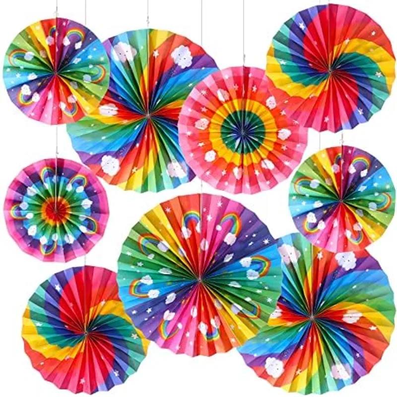 Outus Rainbow Party Decorations Paper Fans Boho Classroom Bulletin Board Decor Ceiling Wall Hanging Paper Fans for Rainbow Birthday Baby Shower Party Supplies, Multi Color