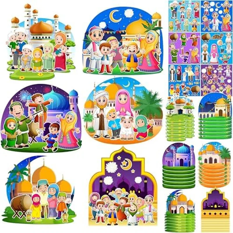 36 Sets Ramadan Stickers Eid Mubarak Craft Kit for Moon Star Scene Stickers Bulk Ramadan Kareem Decorations DIY Muslim Mosque Hanging Ornament for Tree Eid Al Fitr Party Class Activities, Red, Green, Gold