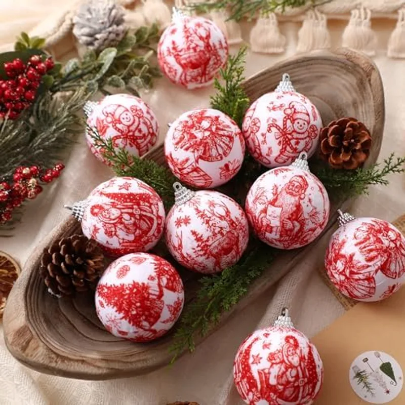 Outus 16pcs Red Toile De Jouy Santa Snowman Christmas Ball Tree Ornaments, Red Christmas