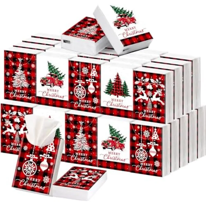 Outus 50 Pack Retro Christmas Travle Size Pocket Tissues Stocking Stuffers, Red White
