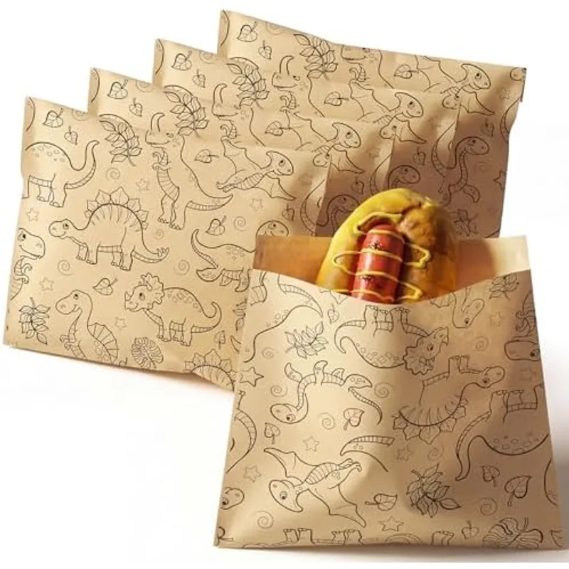Outus 100 Pcs Sandwich Bag Sealable Paper Lunch, Dinosaur, Brown