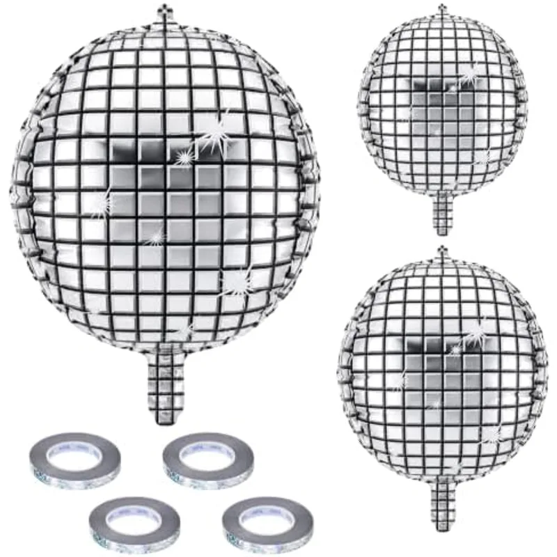 Outus 3 Pcs Silver Foil Metallic 50'' 32'' 22'' Balloons 4d Disco Balls