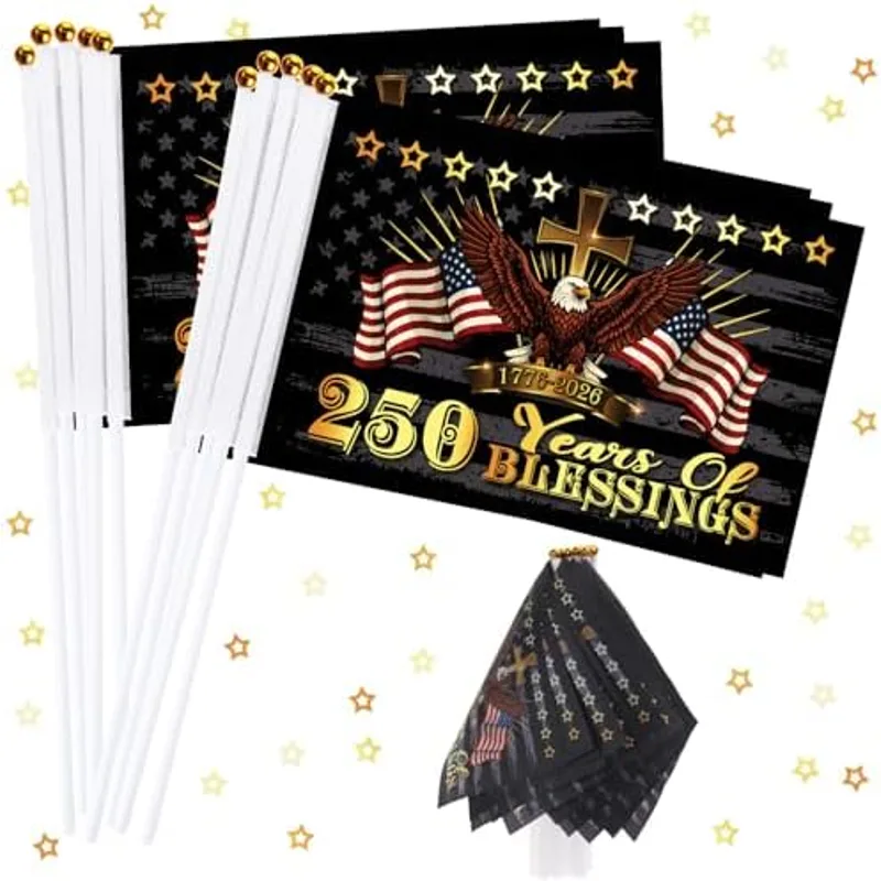 Outus 30 Pcs Small American Flags on Stick American Anniversary Flag 1776-2026 Handheld Flag Eagle Cross Design for 4th of July Independence Day Patriotic Signs House Lawn Parade Supplies Decor, 250 Years of Blessings