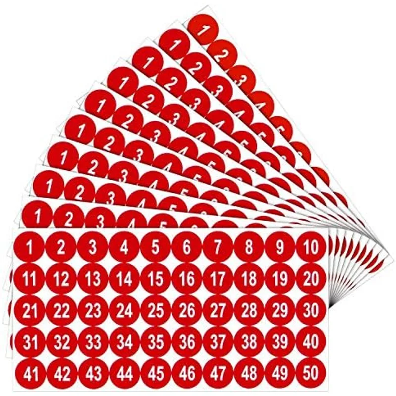 Outus 10 Sheets Small Number Stickers 1-50, Self Adhesive, 1 Inch, Red