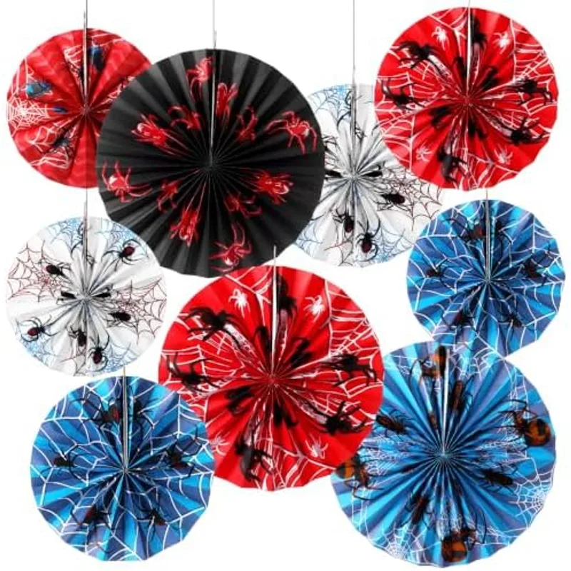 Outus 9 Pcs Spider Paper Fans Themed Birthday Party Hanging Decor