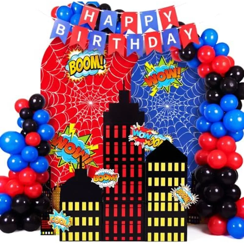 Outus Spider Web Arch Backdrop Cover Balloons Skyscraper City Boxes Set 7.2ft/6ft Birthday Party Decorations for Photo Props Indoor Outdoor Cosplay Wedding Baby Shower Halloween Backdrop Decor