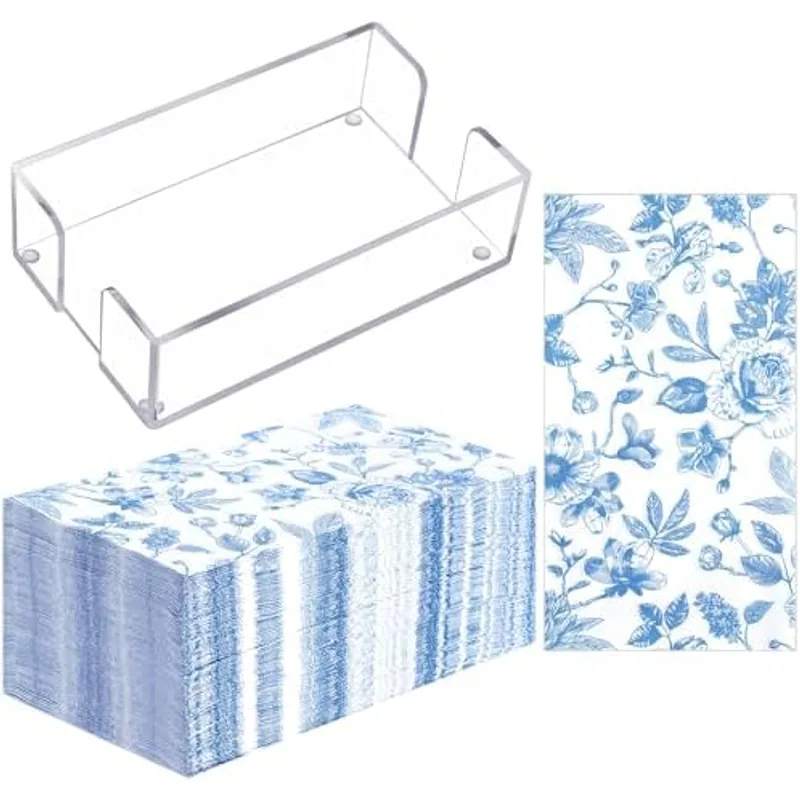 Outus 100 Pcs Spring Blue Floral Napkins with Acrylic Napkin Holder, Blue White