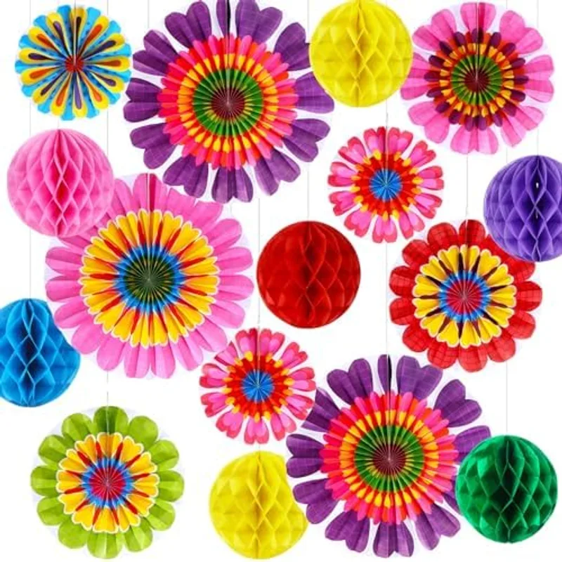 Outus 21 Pcs Spring Flower Hanging Paper Fans Flower Paper Fans Classroom Decorations Springtime Summer Tissue Pom Poms for Ceiling Wedding Birthday Party Supply Classroom Decor(Spring Honeycomb)